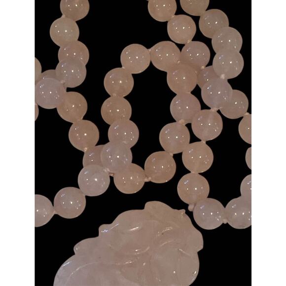 Antique Chinese Curved Pink Rose Quartz Plum Pendant Bead Necklace - Picture 4 of 9